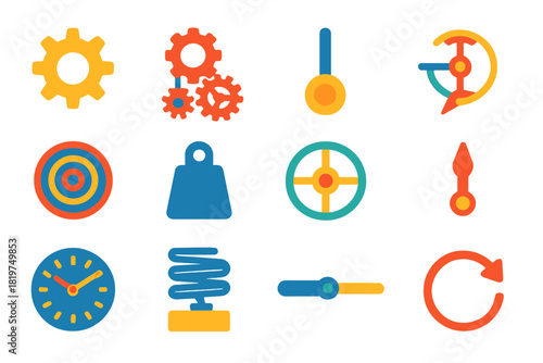 Flat Mechanical Clock Icons. Flat vector icons of early mechanical clocks and gears: cogwheel, gear train, pendulum, escapement,