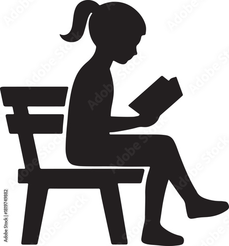 Girl silhouette reading book on bench, learning, and knowledge Vector