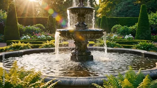 Serene garden fountain at sunset