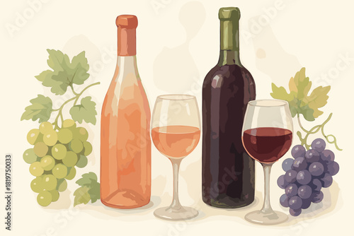 Wine and Grapes Art. Playful watercolor-style illustration of wine bottles and glasses surrounded by grapes, soft vector