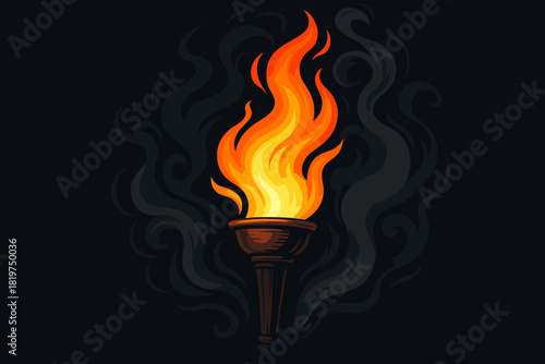 Torch Flame Drama. Dynamic torch flame glowing against a dark backdrop, vector illustration swirling smoke adding drama and motion