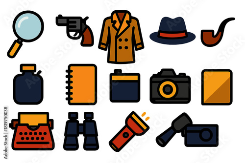 Classic Detective Icons. Flat vector icons of Classic Detective Gear: magnifying glass, revolver, trench coat, fedora, pipe, flask