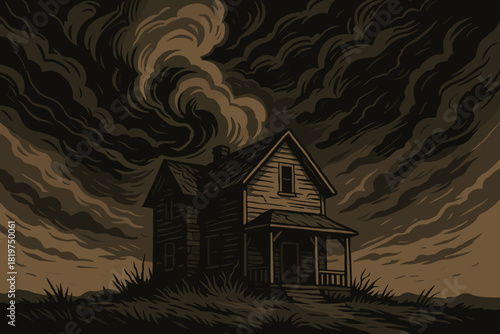 Stormy Skies Over Abandoned House. Dramatic storm clouds swirling over an abandoned house, muted earthy tones, mysterious and