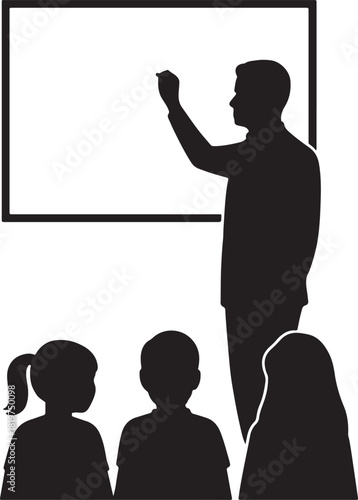 Teacher writing on whiteboard to young students, education scene Vector