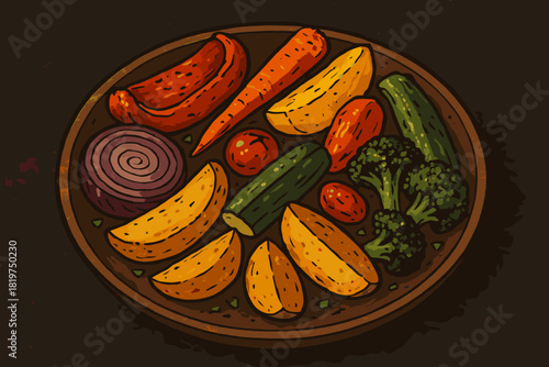 Colorful Roasted Vegetables. Rustic plate filled with colorful roasted vegetables on a dark textured surface, warm and inviting