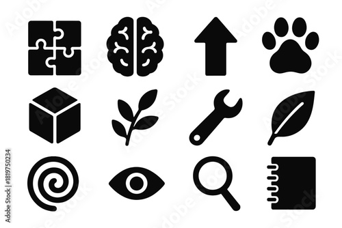 Animal Learning Icons. Solid style icons of learning and cognitive development in animals: puzzle, brain, arrow, paw print, cube,