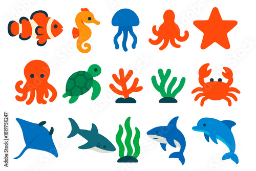 Vibrant Underwater Icons. Flat vector icons of Underwater Life: clownfish, seahorse, jellyfish, starfish, octopus, sea turtle,