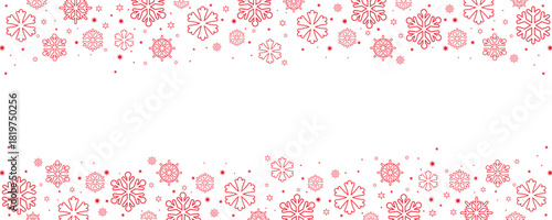 "Horizontal border design featuring a seamless pattern of red snowflakes and stars on a clean white background. This festive header or footer offers copy space in the center, perfect for winter and Ch