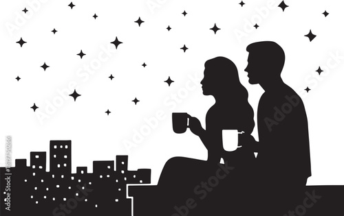 Couple enjoying hot drinks under city stars: romantic night Vector