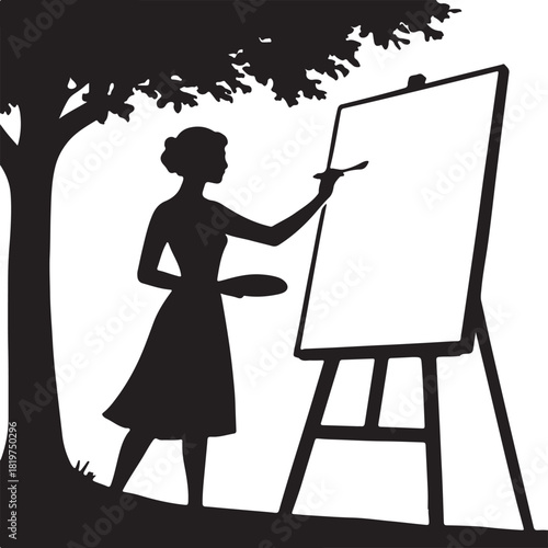 Artist woman painting outdoors on an easel under a large tree Vector
