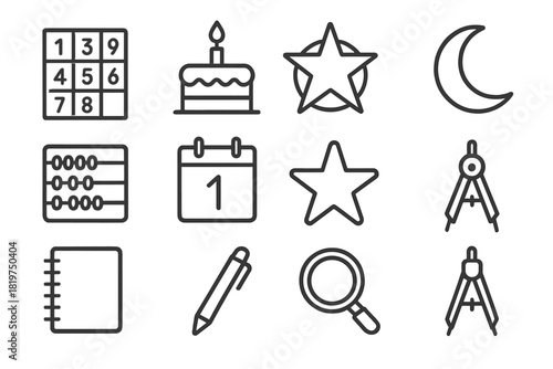 Mystic Number Icons. Line style icons of Symbolic Numbers: Number Chart, Birthday, Mystic Meaning, Calculation; Abacus, Calendar,