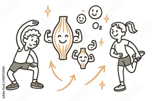 Joyful Recovery Doodle. Playful doodle recovery and adaptation illustration with happy muscles, cartoon runners stretching,