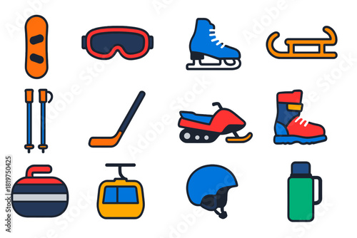 Winter Sports Icons. Flat vector icons of Winter Sports: snowboard, ski goggles, ice skates, sled, ski poles, hockey stick,