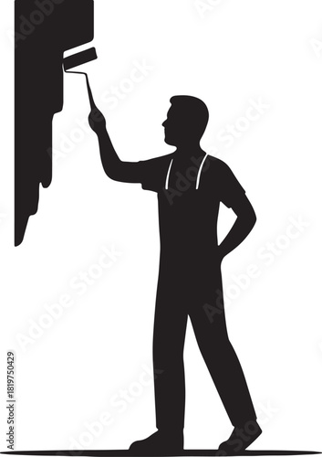 Painter man silhouette applying paint to wall with roller icon Vector