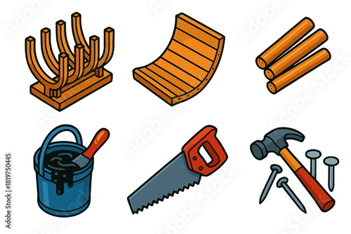 Wooden Hull Construction Icons. Isometric vector illustration set Wooden Hull Construction: plank-on-frame method, curved hull