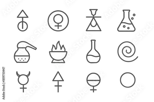 Alchemical Icons Collection. Line style icons of Hermetic Alchemy: Transmutation, Prima Materia, Alchemical Symbol, Flask; Alembic