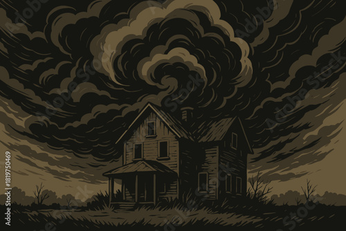 Stormy Skies Over Abandoned House. Dramatic storm clouds swirling over an abandoned house, muted earthy tones, mysterious and