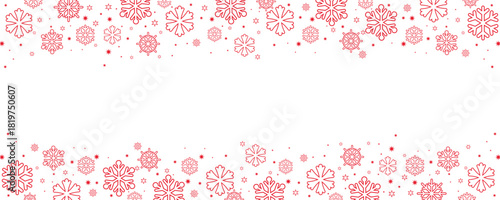 "Horizontal border design featuring a seamless pattern of red snowflakes and stars on a clean white background. This festive header or footer offers copy space in the center, perfect for winter and Ch