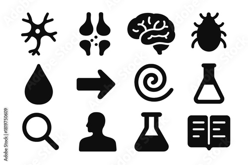 Parasite-Host Interaction Icons. Solid style icons of parasite-host interaction mechanisms: neuron, synapse, brain, parasite,