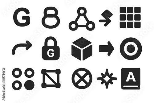 Abstract Algebra Icons. Solid style icons of abstract algebra in number theory: group symbol, ring structure, field diagram,