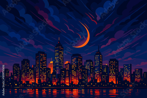 Vibrant Citylights Skyline. Expansive city skyline glowing with vibrant lights under a vector illustration dramatic night sky,