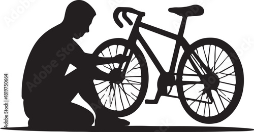 Person fixing bicycle wheel silhouette vector illustration icon Vector