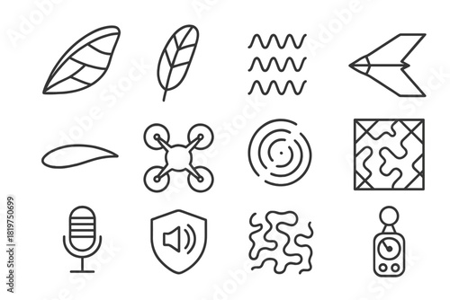 Acoustic Engineering Symbols. Line style icons of Acoustic Engineering: Moth Wing, Owl Feather, Sound Dampening, Stealth Device;