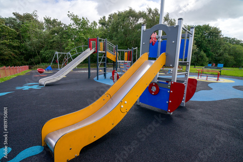 Children's playground at Durrockstock Park - Local Nature Reserve. Scotland, UK. Children and families can now enjoy the area at Park, which has a host of accessible and inclusive facilities. 