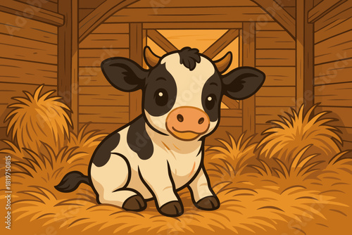 Cow in Rustic Barn. Adorable cow in a vector illustration wooden barn surrounded by rustic hay, warm golden tones, charming and