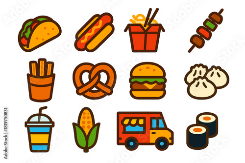 Vibrant Street Food Icons. Flat vector icons of Street Food Market: taco, hot dog, noodle box, kebab skewer, churros, pretzel,