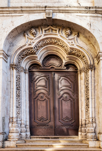 Gate of an old house in the historic center of Guimarães, a UNESCO World Heritage Site, Portugal, 2023