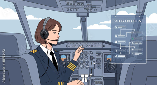 Female pilot executing pre-flight safety inspections in airplane cockpit