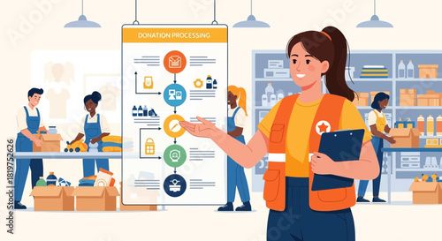 Illustrative scene of volunteers processing donations in a charitable organization