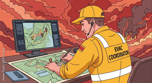 Evacuation Coordinator Mapping Emergency Routes During a Wildfire Incident