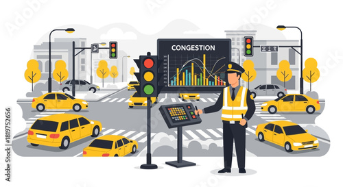 Traffic regulation officer managing urban congestion with technology analysis display