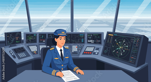 Female air traffic controller managing flights from a high-tech control tower