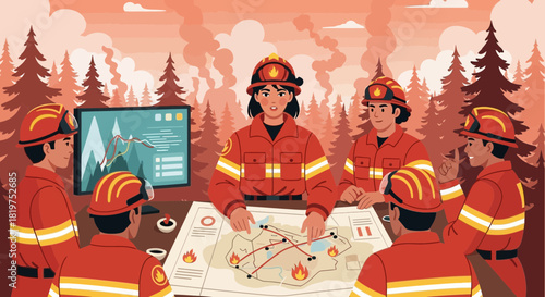 Strategic Firefighting Team Analyzing Wildfire Map for Effective Response Plans