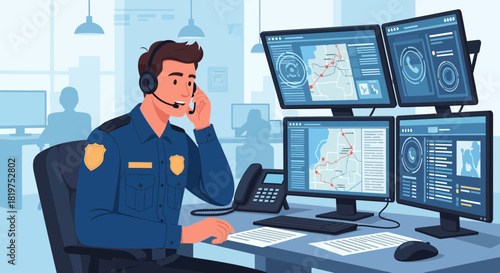 Police dispatcher handling emergency calls with advanced tracking software at dispatch center