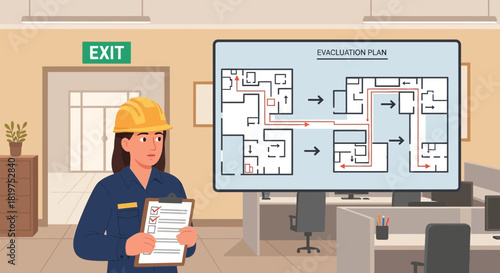 Workplace safety inspector with building evacuation plan review and checklist