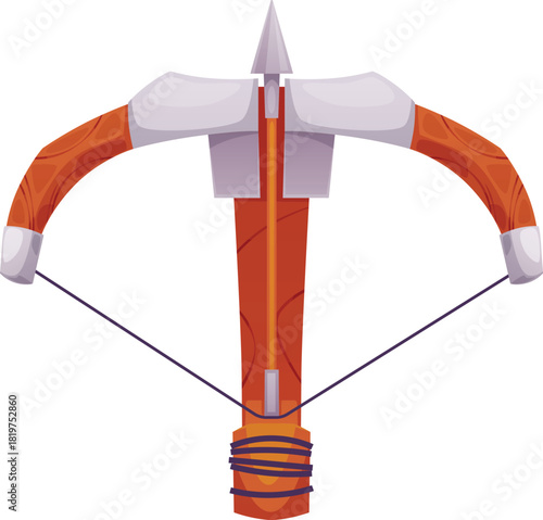 Medieval crossbow, wooden with metal inserts and a drawn arrow.