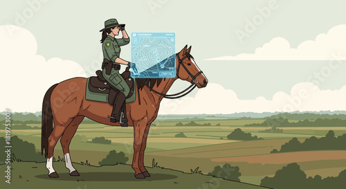 Futuristic park ranger on horseback using digital mapping technology