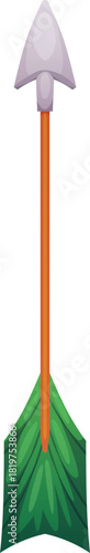Cartoon arrow vector icon, archery or hunter bow tool ammunition, shoot equipment, game weapon arrow with green feathers