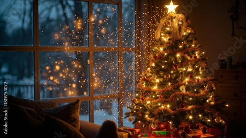 Cozy Christmas Interior with Sparkling Tree by a Snowy Window
Description	A warm, horizontal illustration capturing a serene indoor Christmas scene. A beautifully decorated and brightly lit Christmas 
