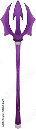 Cartoon antique trident vector icon, sharp blade saber with purple handle, game old weapon ancient warrior, wizard props