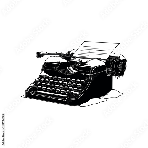 A vintage black and white typewriter covered in snow with a sheet of paper sits frozen, a conceptual illustration of writer's block or a creative freeze in a stark graphic style