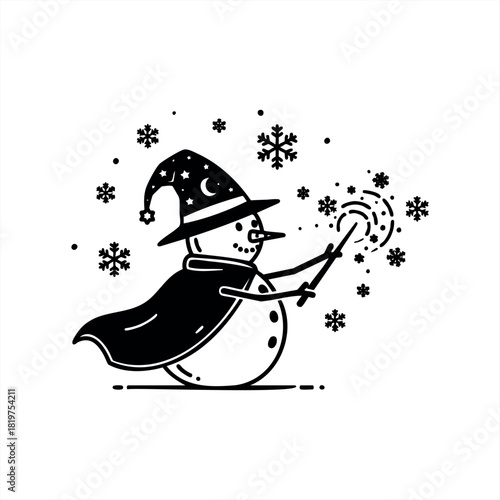 A charming snowman wizard in a pointy hat and cape casts a magical spell with a wand, creating beautiful snowflakes in a whimsical winter scene