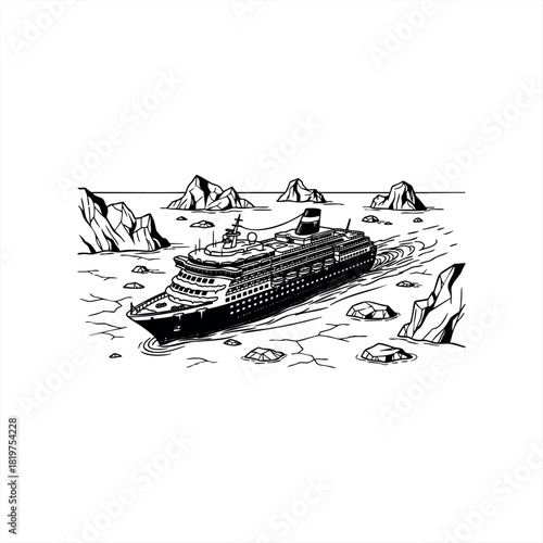 A large ocean liner cruise ship illustrated in a bold black and white line art style, navigating through a frozen arctic sea with icebergs and breaking ice floes