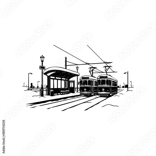 Two vintage black and white trams standing at a snowy urban station in a detailed line art illustration showing a nostalgic winter public transportation scene with a shelter
