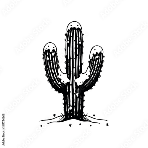 A hand-drawn saguaro cactus with three arms covered in a layer of winter snow, a monochrome graphic illustration with a bold, high-contrast linocut aesthetic