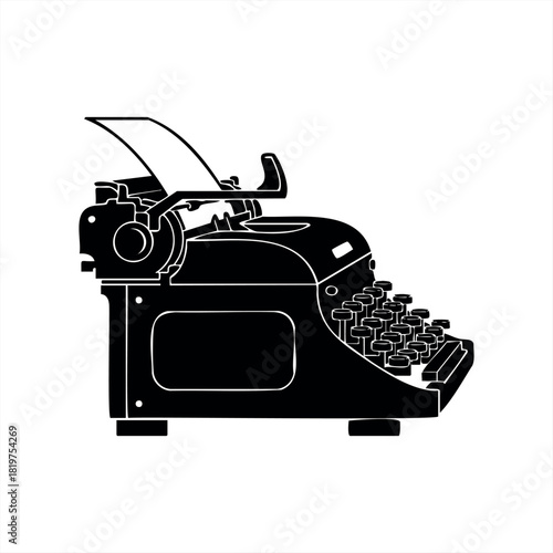 A black silhouette illustration of a vintage typewriter with a sheet of paper, rendered in a minimalist graphic style representing writing, journalism, and nostalgia